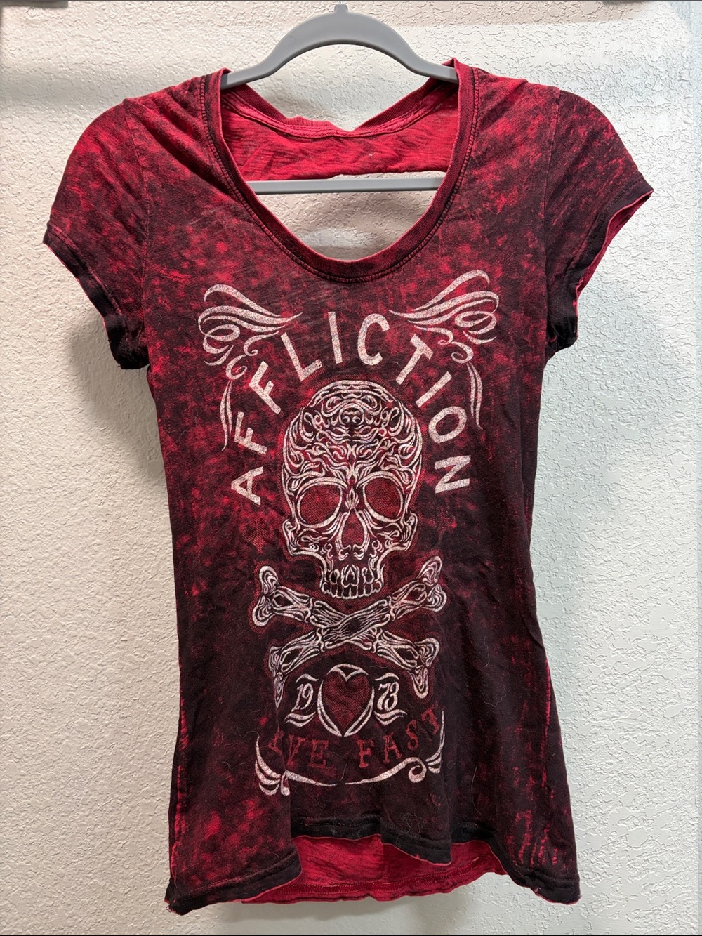 Affliction Women's double-sided Red and Black Graphic Skull Tee